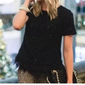 Anthropologie Deletta Black sequin Shimmer Feather Top small holiday top